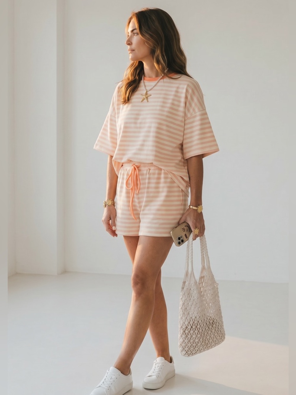 1156. Striped short sleeve top and shorts set peach pink